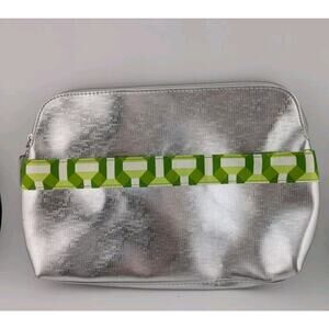 Clinique Makeup Bag Metallic Silver Green Lining Large Y2k 7x11"